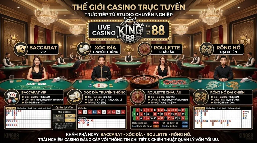 Khu vực live casino King88 với các trò baccarat xóc đĩa roulette và blackjack